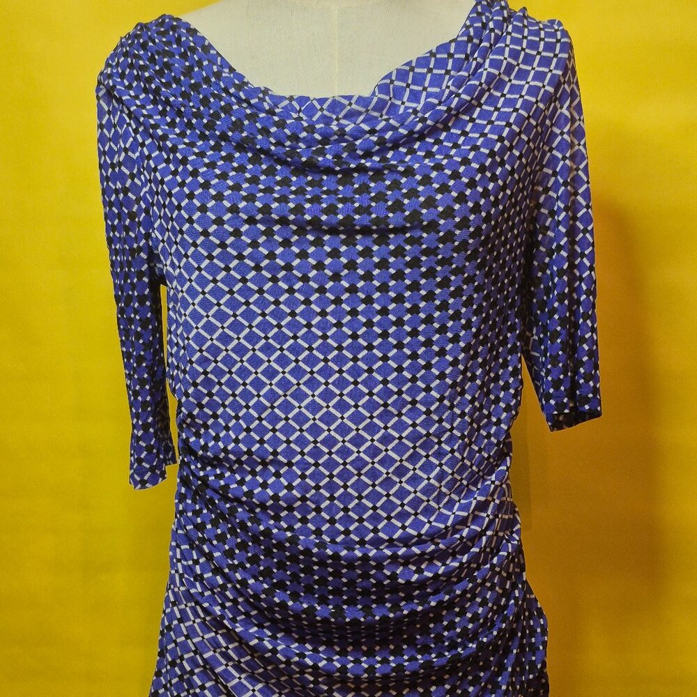 Blue Square Geometric Pattern Women's Blouse Cowl Neck